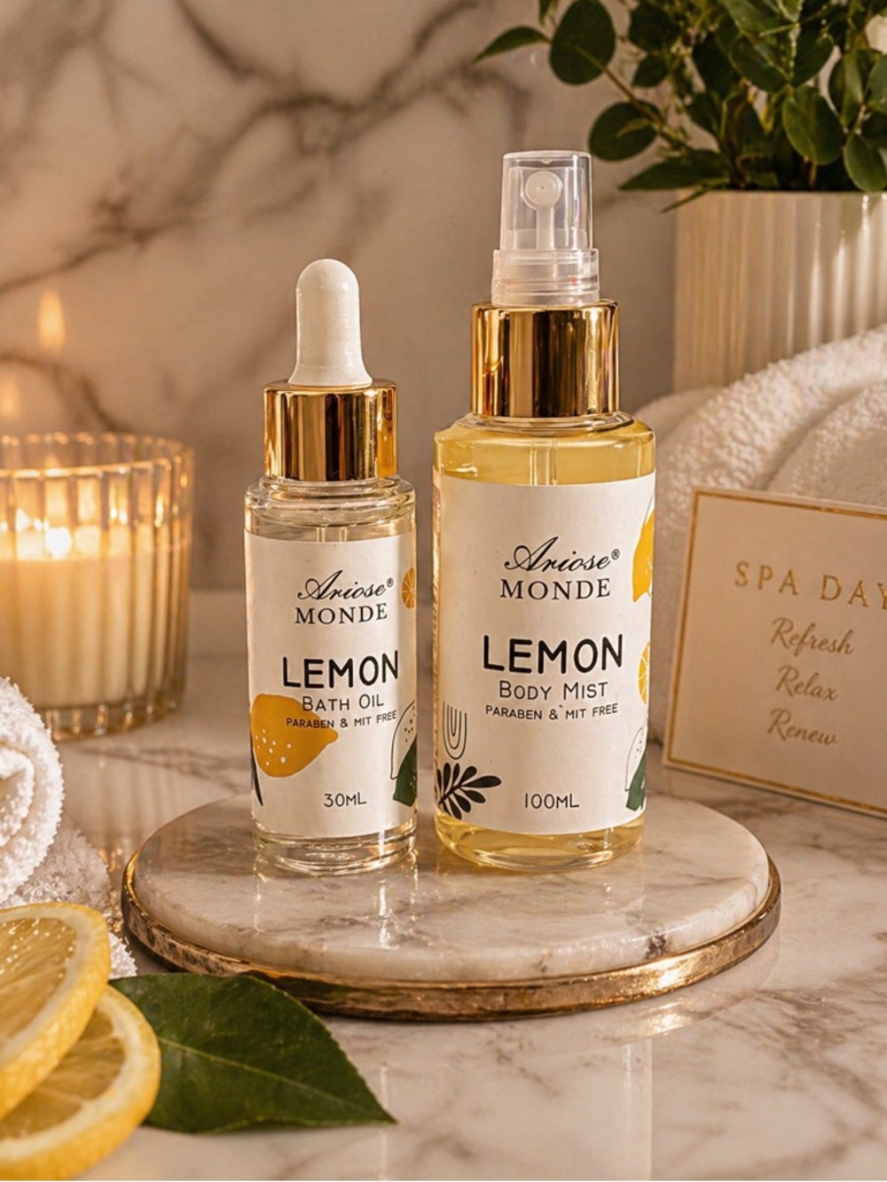 Ariose Monde Lemon Body Care Set Body Mist 100ml Bath Oil 30ml Citrus Spa Bundle